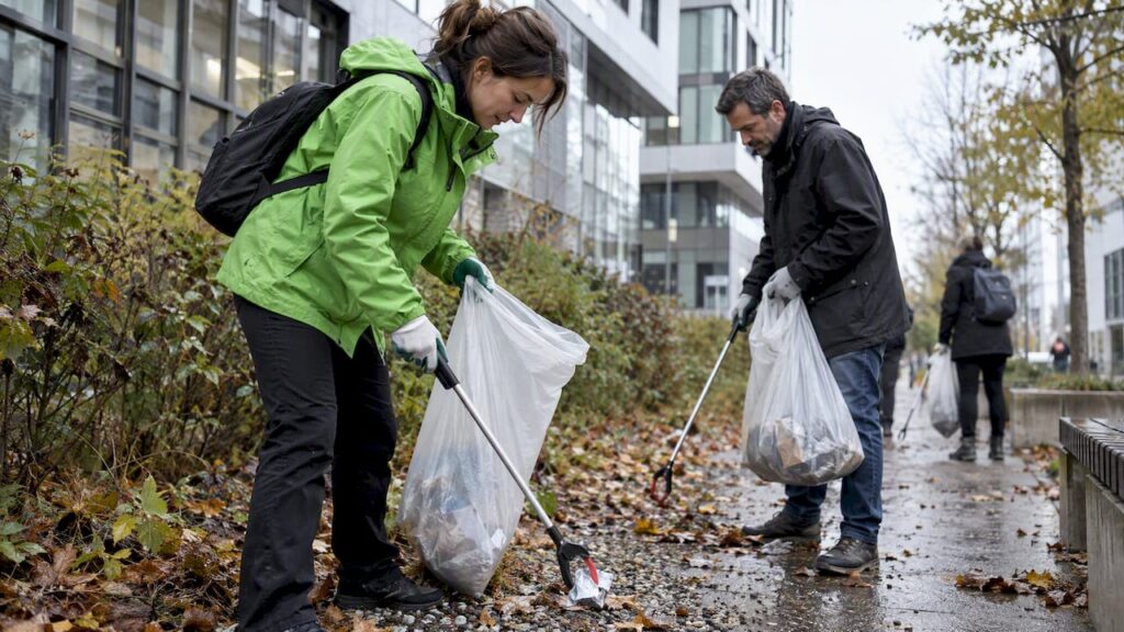 Des employés qui ramassent des déchets lors d'une opération de nettoyage