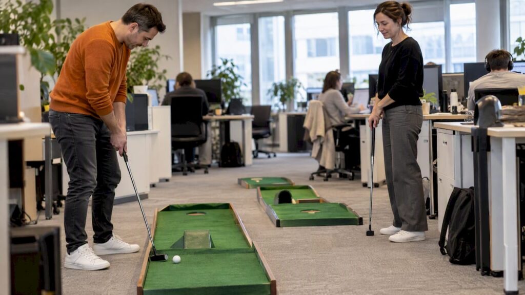 Des collègues jouent au mini-golf dans un espace de travail ouvert