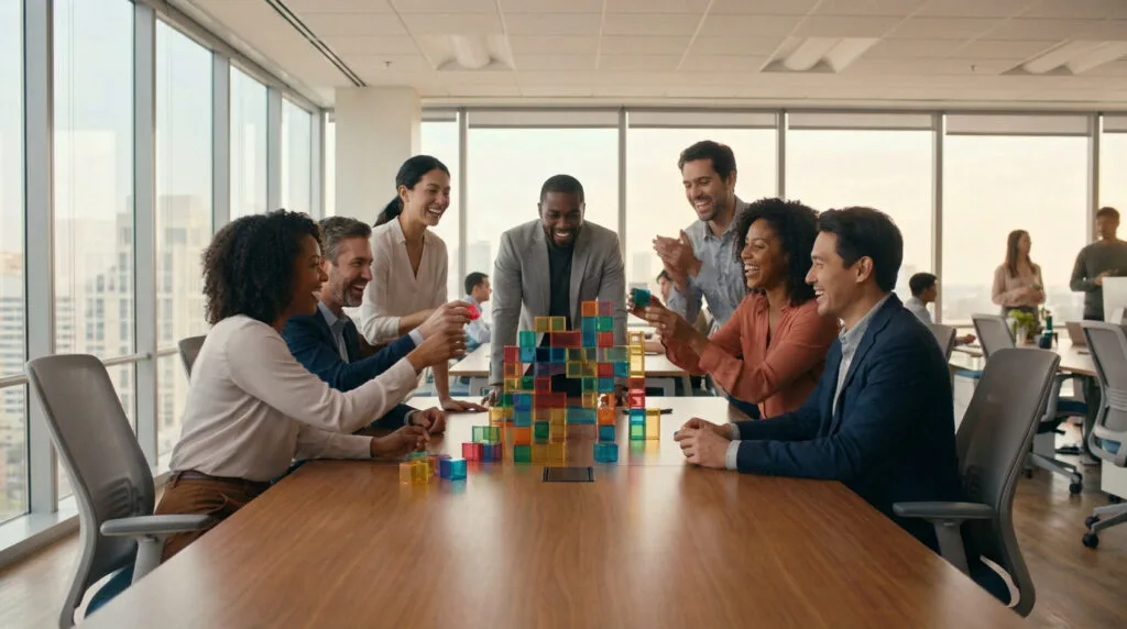 Groupe diversifié de collègues souriants construisant une tour de blocs colorés lors d'une activité de team building en bureau moderne.