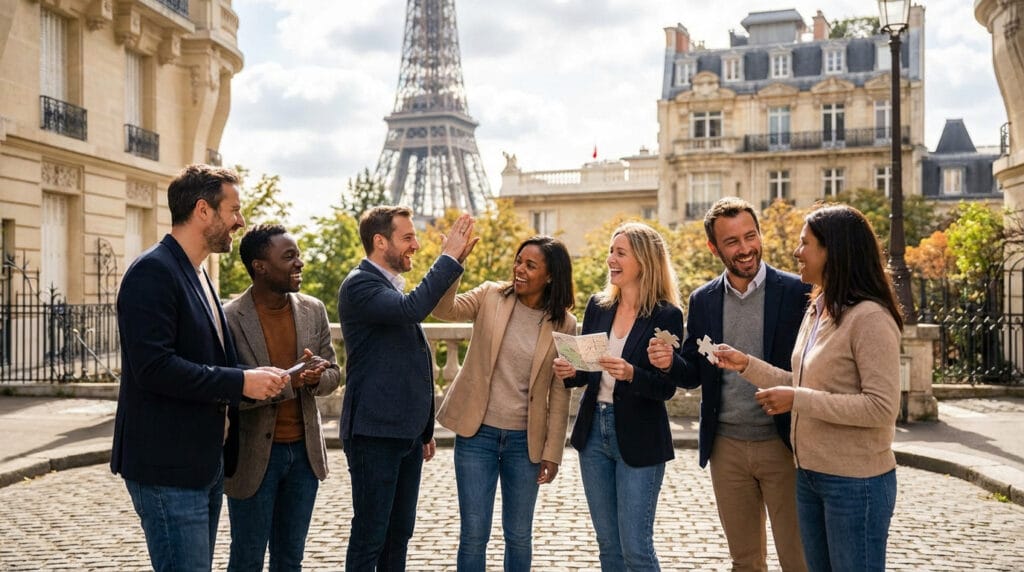 Six diverse colleagues joyfully collaborate in Paris, high-fiving and holding puzzle pieces/map, with the Eiffel Tower behind them.